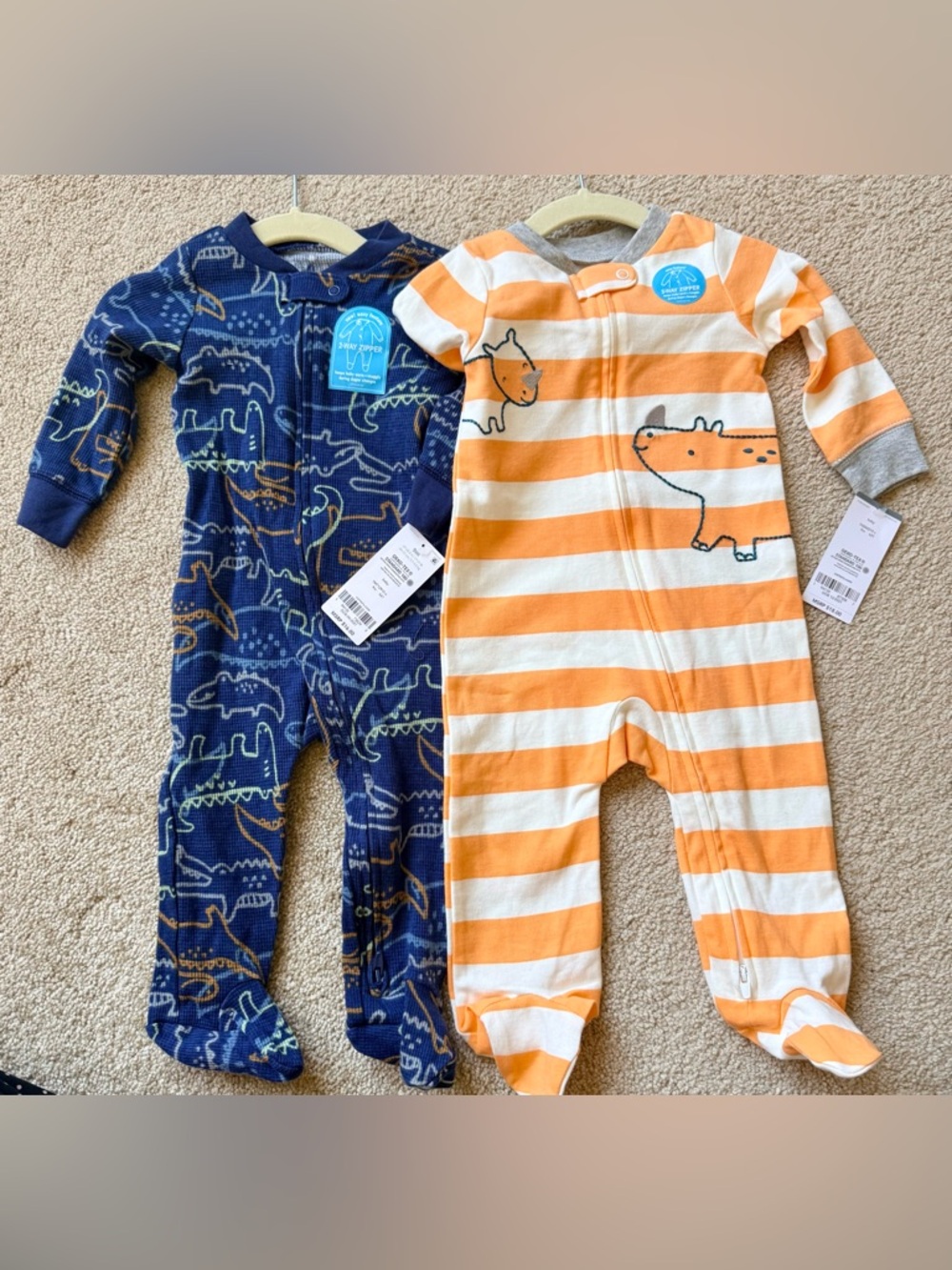 Carter's Navy Dino Print & Orange Stripe Footed One-Pieces